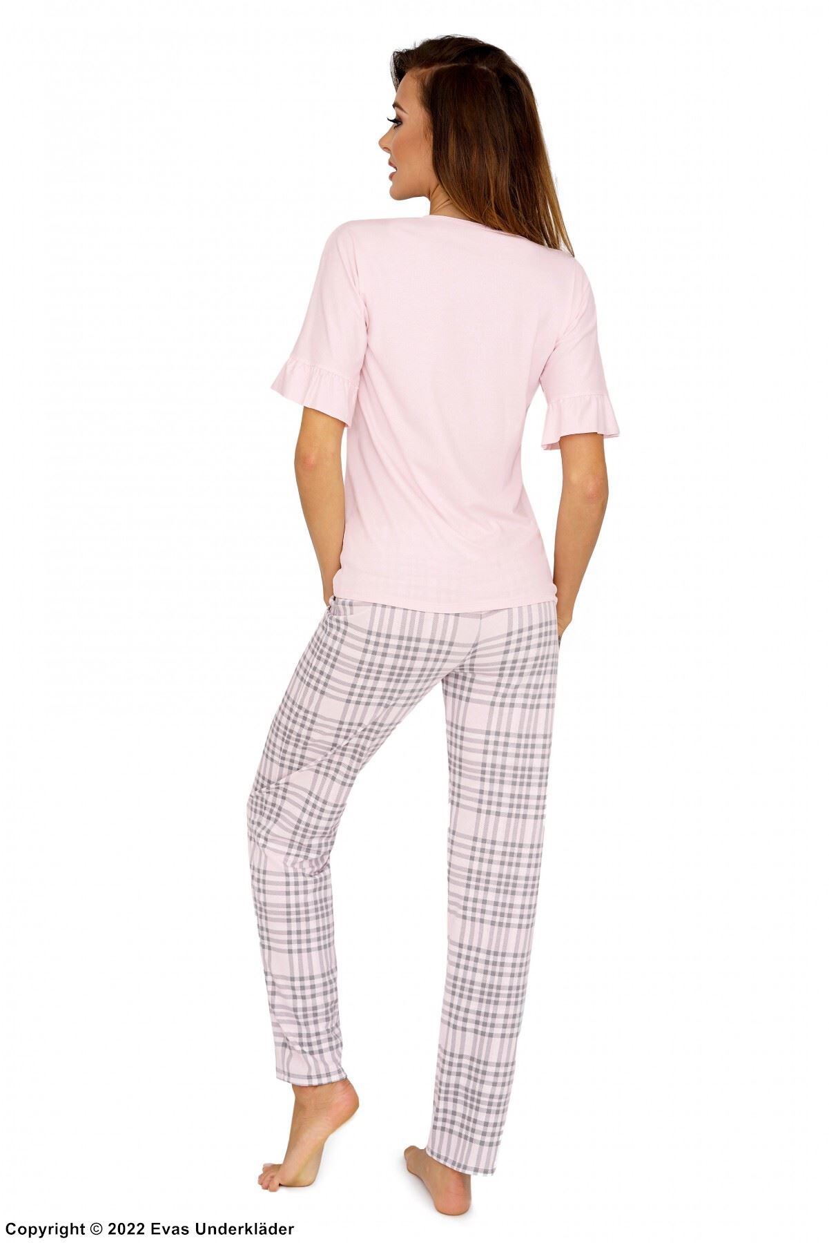Top and pants pajamas, soft cotton, ruffle trim, short sleeves, checkered pattern